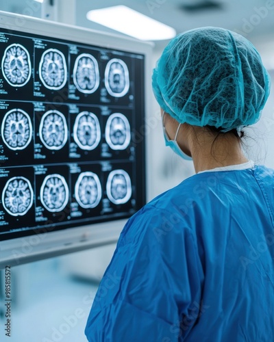 A medical professional examining MRI scans in a healthcare environment.