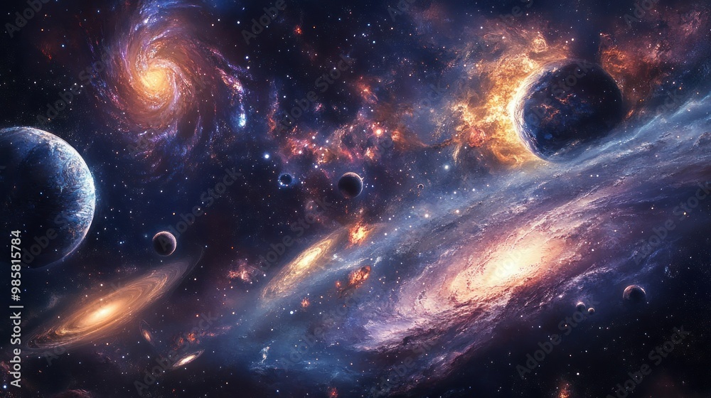 Obraz premium Cosmic Landscape with Two Spiral Galaxies, Planets, and Stars