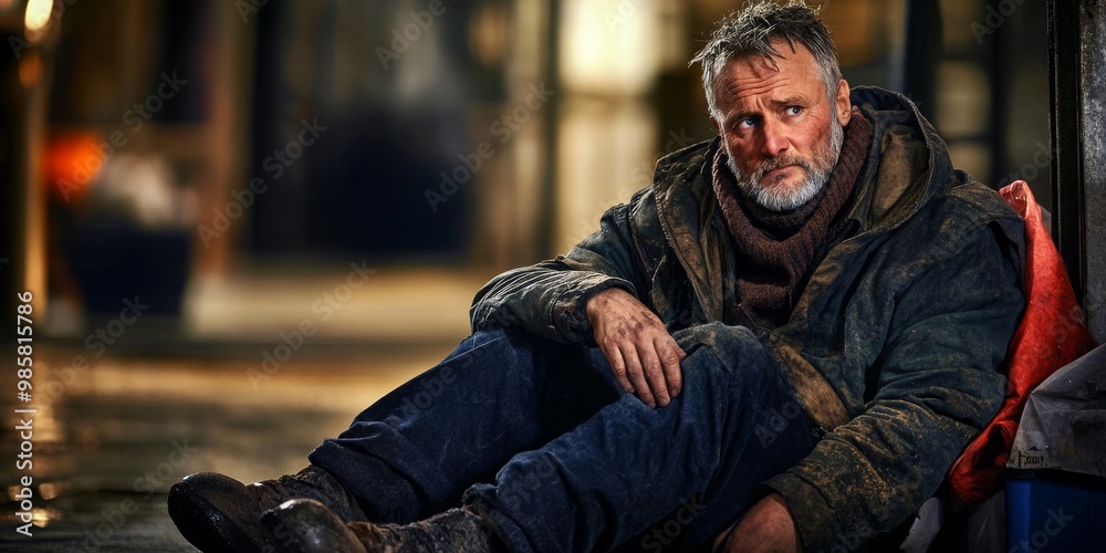 Fototapeta premium Portrait of a Homeless Man Sitting on a Dirty Floor with a Sorrowful Expression - Capturing the Harsh Realities of Poverty and Urban Life.