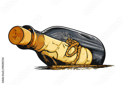 Hand drawn, cartoon style illustration of a message in a bottle