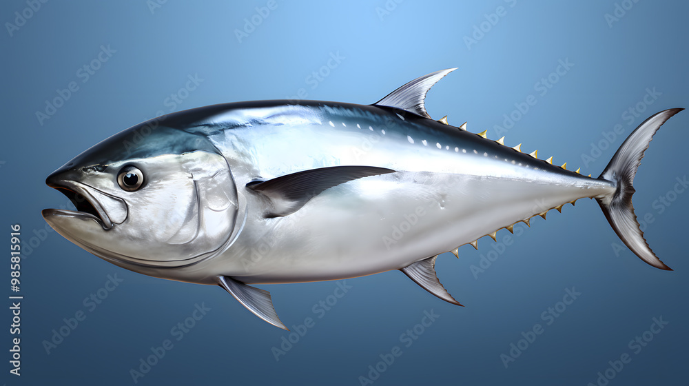 Fresh whole tuna fish with glossy silver skin isolated on blue background Fresh whole tuna fish with glossy silver skin isolated on blue background