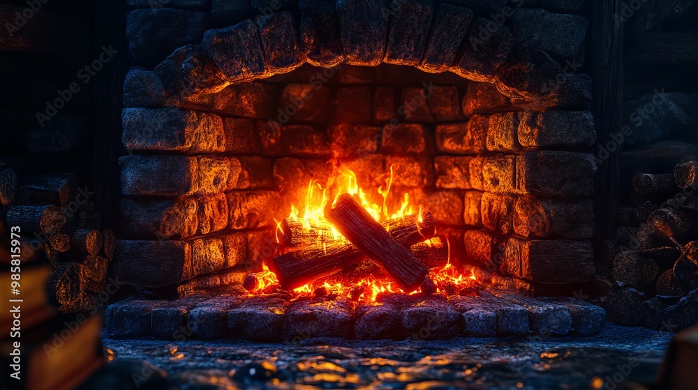 A fire burns in a fireplace in a dark room A fire burns in a fireplace in a dark room