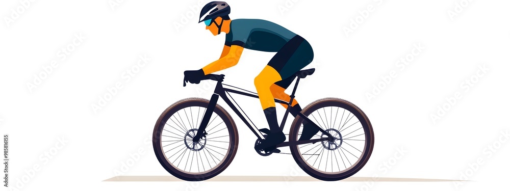 Fototapeta premium A person riding an off-road bicycle, with a flat design featuring simple lines and minimal details, set against a white background in an illustrative style.