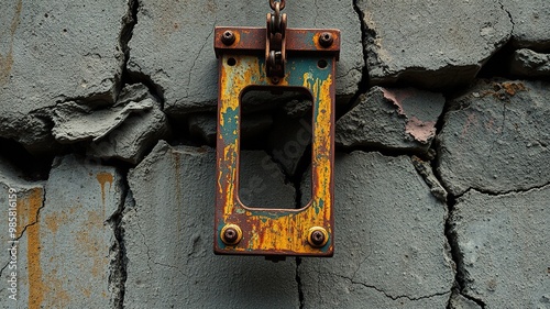 A rusty guillotine mechanism hangs forlornly from a cracked concrete wall, its weathered metal components a testament to a forgotten era of execution and justice. photo