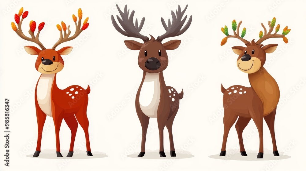 set of Christmas funny feer or moose with antlers and hooves on a white background set of Christmas funny feer or moose with antlers and hooves on a white background