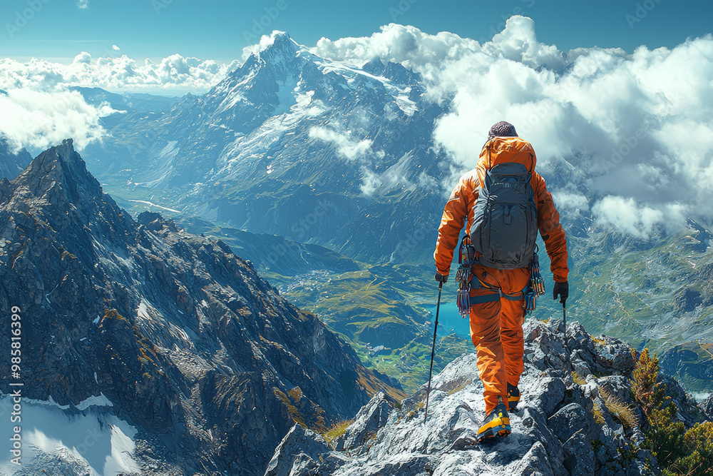 A mountaineer reaching the peak after a long, arduous climb, looking out over the landscape. Concept of overcoming challenges and achieving goals. A mountaineer reaching the peak after a long, arduous climb, looking out over the landscape. Concept of overcoming challenges and achieving goals.