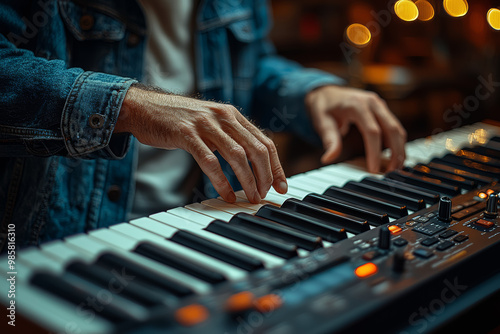 A musician practicing scales, repeating the same notes over and over with determination. Concept of practice and discipline as keys to success.