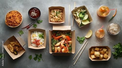 A flat lay of several open carton takeaway containers filled with diverse international cuisines and drinks, laid out on a textured grey surface with chopsticks, forks, and straws scattered around photo