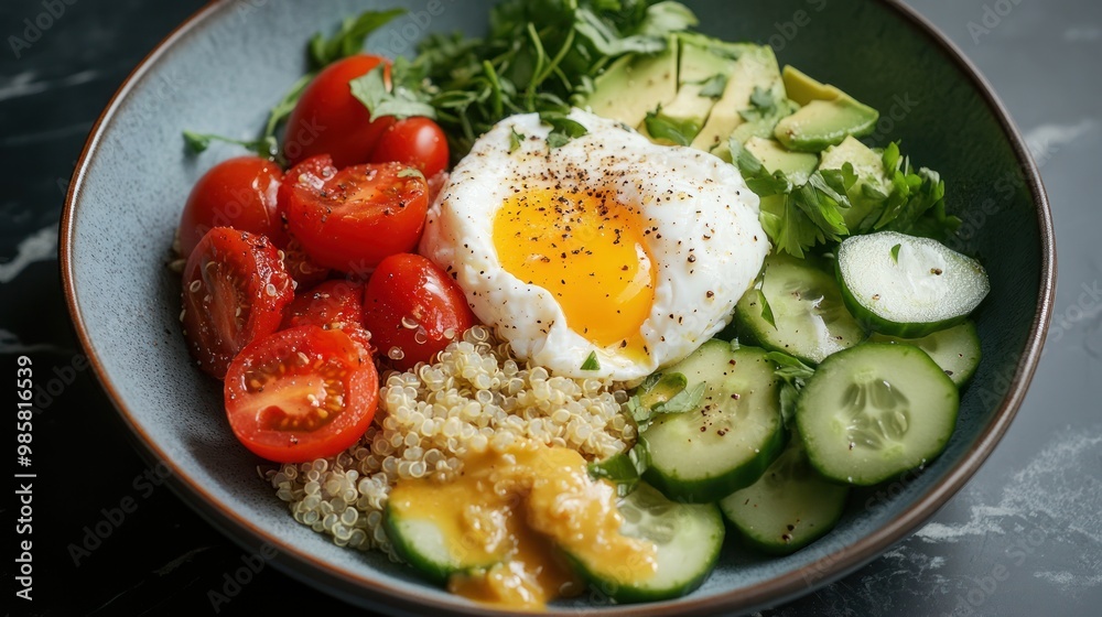 A healthy quinoa bowl with avocado, cherry tomatoes, cucumbers, and a poached egg, arranged beautifully on a ceramic plate A healthy quinoa bowl with avocado, cherry tomatoes, cucumbers, and a poached egg, arranged beautifully on a ceramic plate