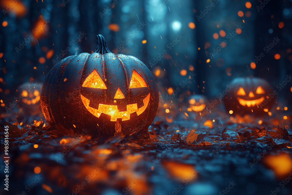 Halloween pumpkins in the forest at night Halloween pumpkins in the forest at night