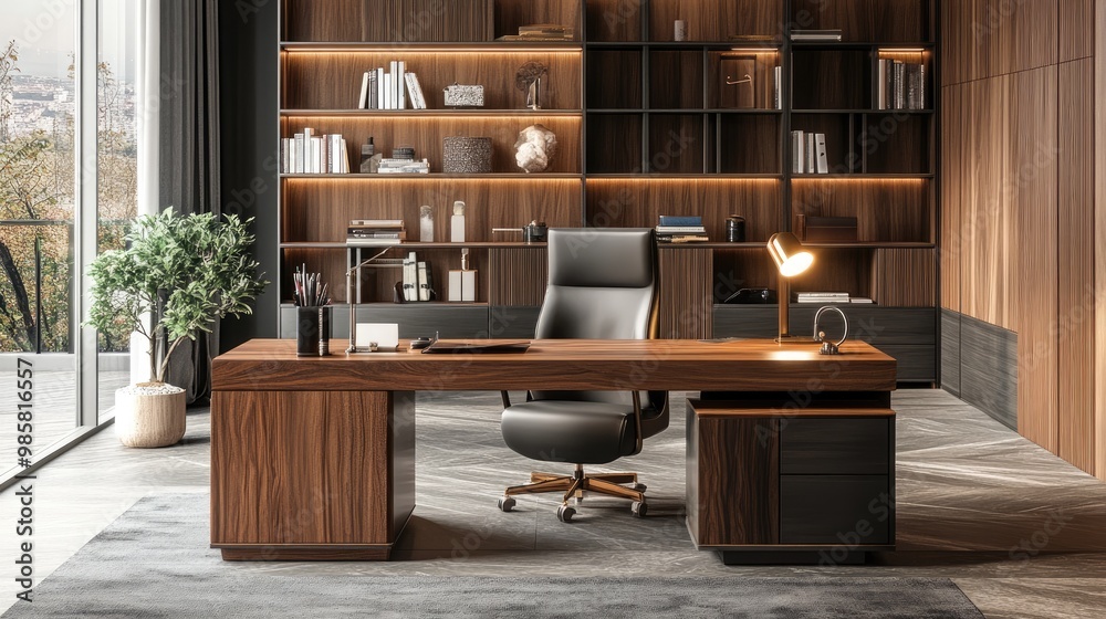 A modern office space with a large wooden desk, comfortable office chair, and stylish bookshelves. A modern office space with a large wooden desk, comfortable office chair, and stylish bookshelves.