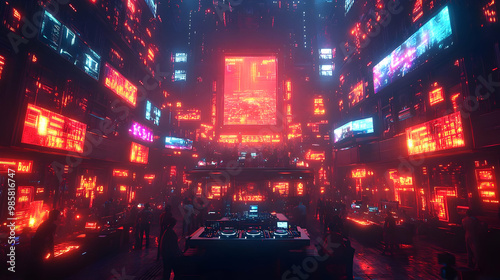 Cyberpunk Cityscape with Red Neon Lights 3D Illustration