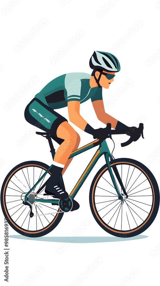 Obraz premium A person riding an off-road bicycle, with a flat design featuring simple lines and minimal details, set against a white background in an illustrative style.