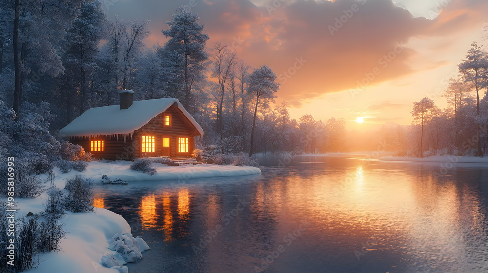 Fototapeta premium Winter Cabin by the River at Sunset - 3D Illustration