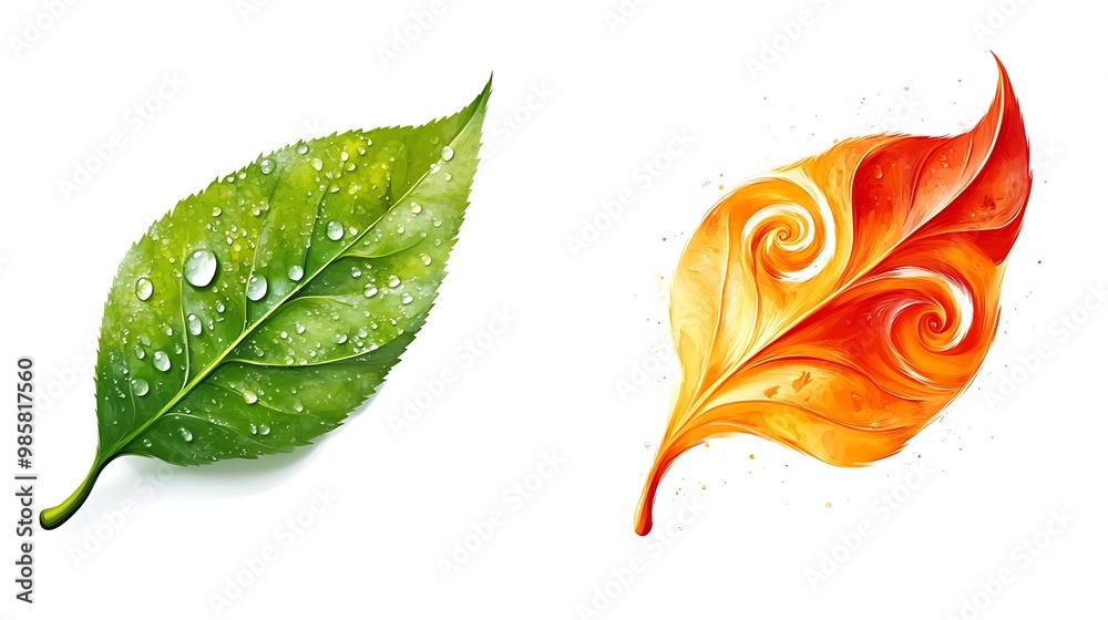 Seasons Collide - Green Leaf with Dew Drops and Autumn Leaves Swirling Vector Art on White Background Seasons Collide - Green Leaf with Dew Drops and Autumn Leaves Swirling Vector Art on White Background