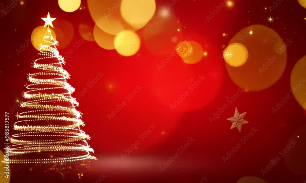 Christmas tree with gold star ornaments on red background with bokeh lights