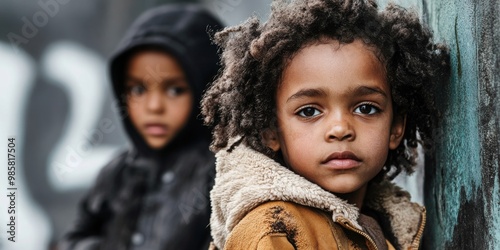 Panoramic view of impoverished African American children looking directly at the camera, highlighting social issues.
