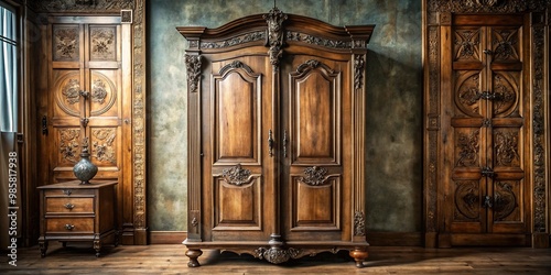 Aged wooden wardrobe with intricate carvings and worn metal fittings stands proud in a room showcasing vintage charm and character.