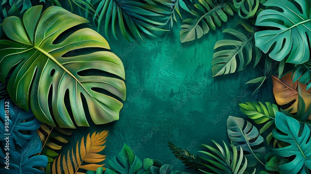 Naklejka premium Lush green tropical leaves border a teal background with copy space.
