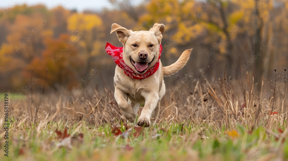 Labrador Retriever with a red bandana, running through a field, outdoor setting, high detail, vibrant colors, photorealistic, cheerful and energetic Labrador Retriever with a red bandana, running through a field, outdoor setting, high detail, vibrant colors, photorealistic, cheerful and energetic