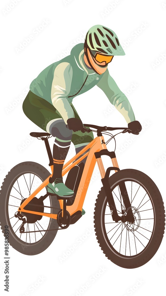 A person riding an off-road bicycle, with a flat design featuring simple lines and minimal details, set against a white background in an illustrative style. A person riding an off-road bicycle, with a flat design featuring simple lines and minimal details, set against a white background in an illustrative style.