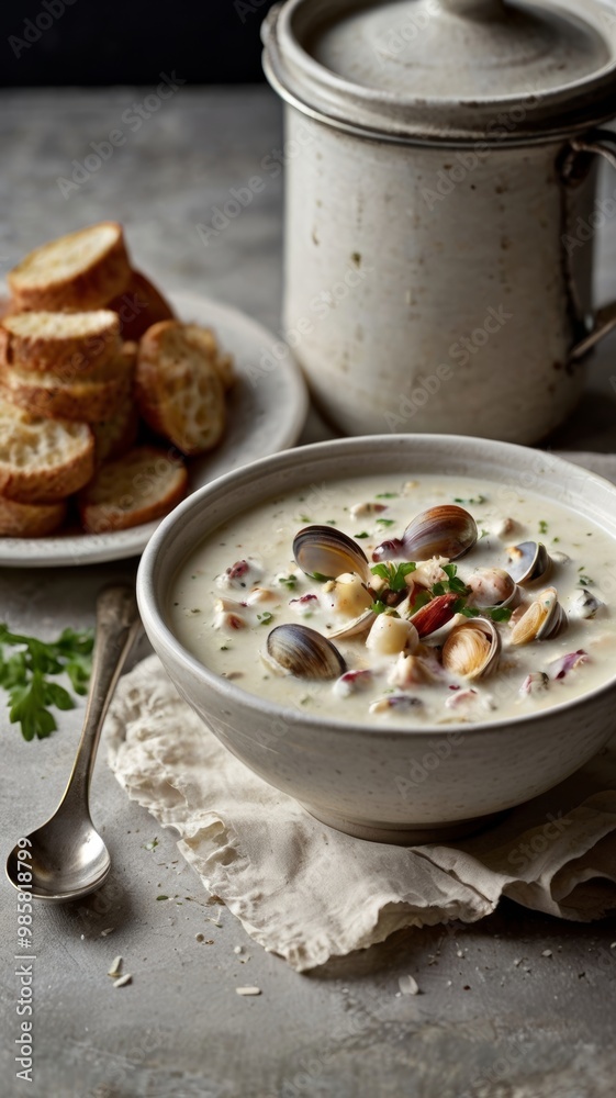 Creamy Clam Chowder Soup with Toasted Bread Croutons