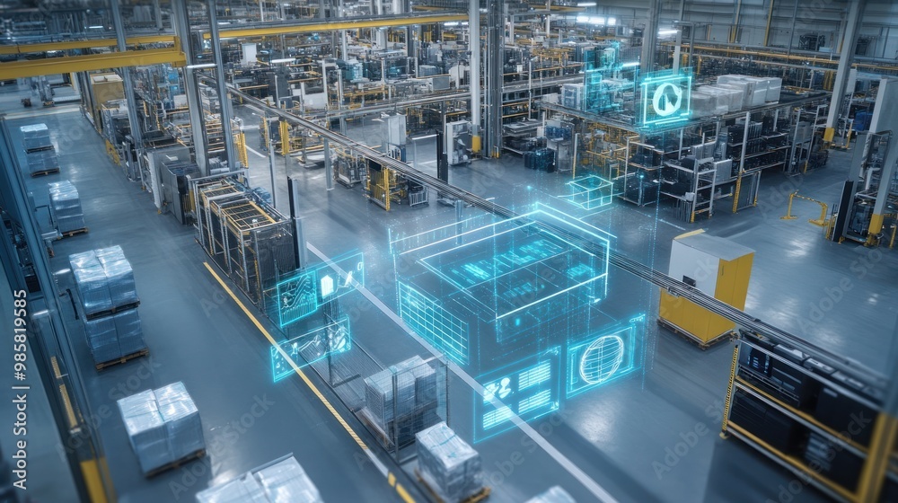 A Modern Factory Warehouse with Digital Overlays and Pallets of Goods A Modern Factory Warehouse with Digital Overlays and Pallets of Goods