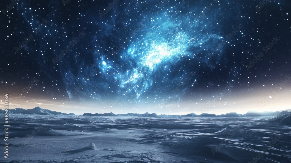 Fototapeta premium A Frozen Landscape Under a Starry Sky with a Bright Nebula