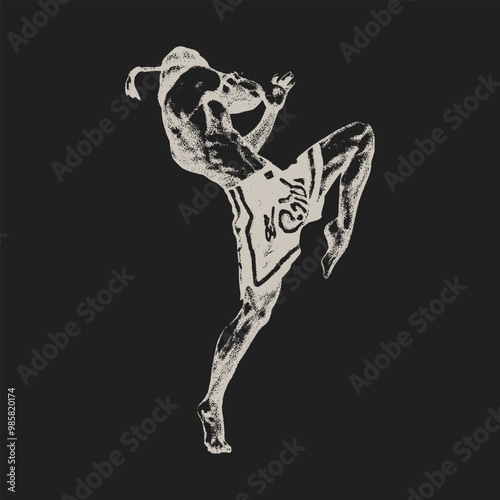 Muay Thai fighter, executing a powerful high kick. Retro photocopy effect in negative color