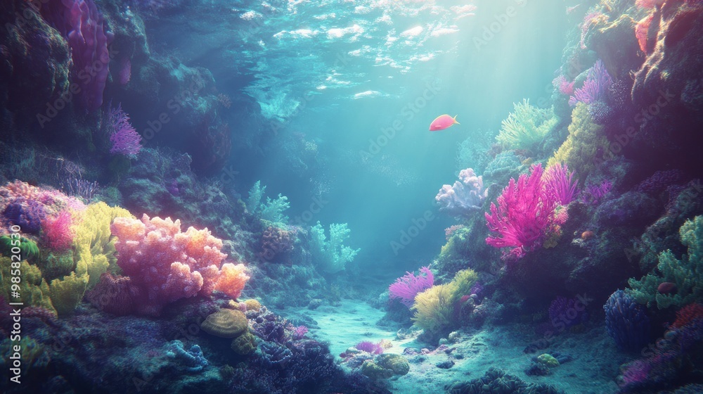 Vibrant Underwater Coral Reef Scene with a Single Fish Vibrant Underwater Coral Reef Scene with a Single Fish