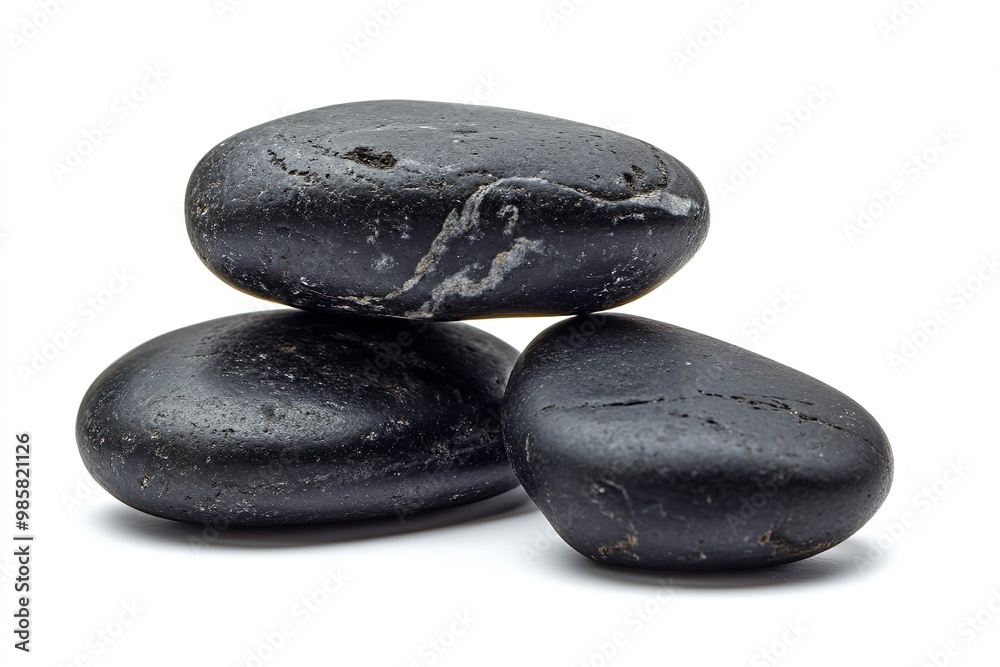 Isolated black stones in balance against a white backdrop. Generative Ai Isolated black stones in balance against a white backdrop. Generative Ai