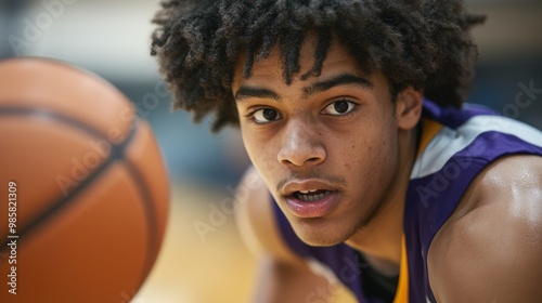 Close-up candid portrait of a high school basketball player dribbling the ball down the court, their face determined as they prepare for a fast break photo