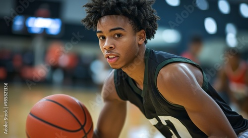 Close-up candid portrait of a high school basketball player dribbling the ball down the court, their face determined as they prepare for a fast break