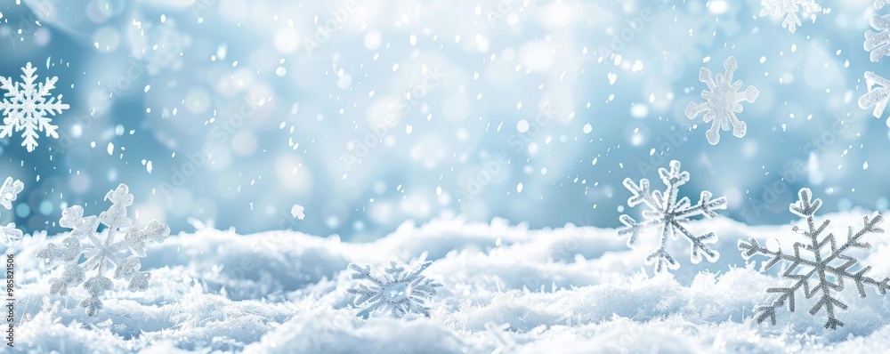 Silver Snowflake Decorations on a Snowy Surface with Falling Snow and Bokeh Silver Snowflake Decorations on a Snowy Surface with Falling Snow and Bokeh