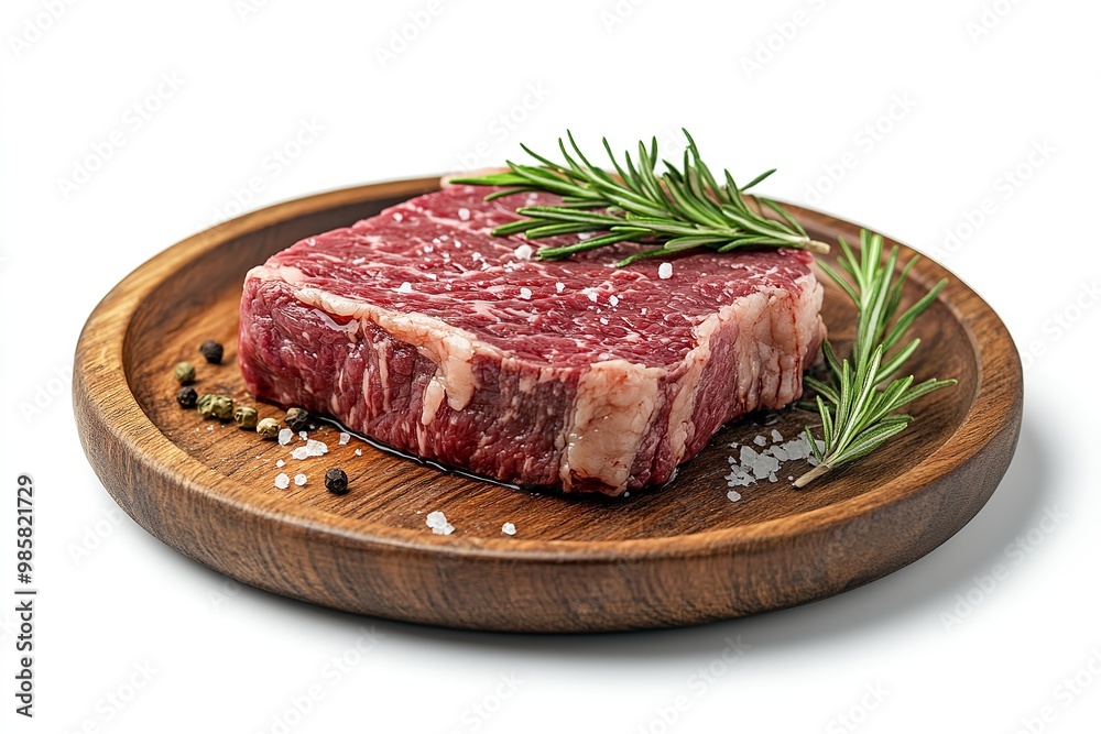 Steak Delmonico isolated on a wooden dish against a white backdrop. Generative Ai