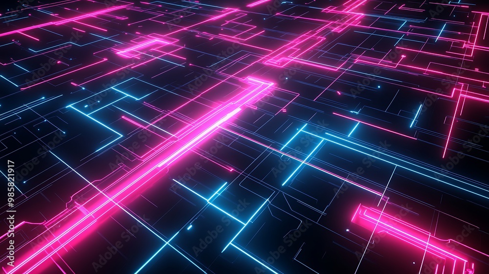 Glowing Futuristic Neon Grid - Abstract Pink and Cyan Circuit Lines on Black Background Glowing Futuristic Neon Grid - Abstract Pink and Cyan Circuit Lines on Black Background