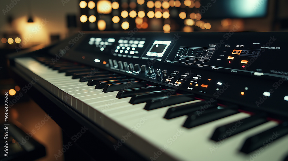 a photostock image of a high-end digital piano with augmented reality, displaying key sensitivity, sound samples, and connectivity options in a music studio a photostock image of a high-end digital piano with augmented reality, displaying key sensitivity, sound samples, and connectivity options in a music studio
