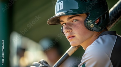Close-up candid portrait of a high school baseball player gripping a bat tightly as they step up to home plate, focused on the pitcher