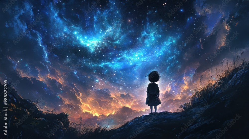 A lone girl gazes at a vast, starry sky filled with nebulae and clouds A lone girl gazes at a vast, starry sky filled with nebulae and clouds