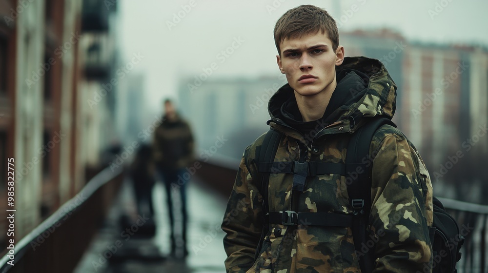 Fototapeta premium Young soldier wearing camouflage standing on rooftop during military operation