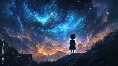 A lone girl gazes at a vast, starry sky filled with nebulae and clouds