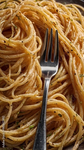 Close up of a fork in a plate of spaghetti aglio e olio photo