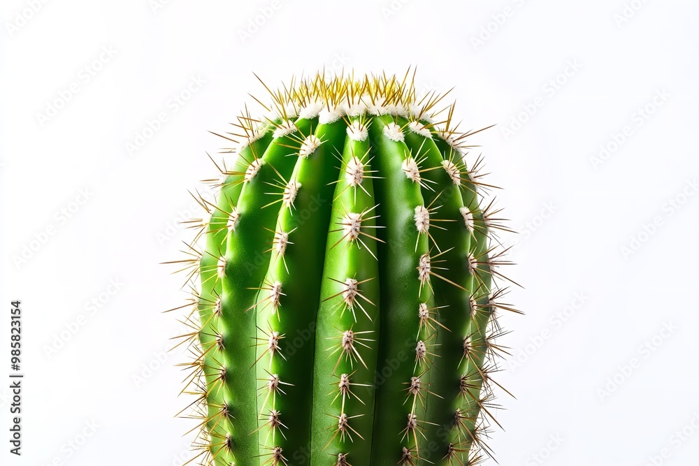 Naklejka premium Close-up of a wild desert cactus plant with spikes in green, isolated on a white backdrop. Generative Ai