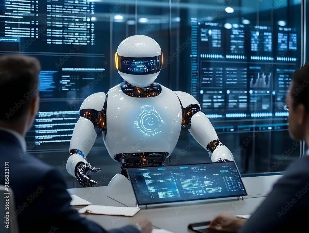 spotkanie, biznes, robot, AI, współpraca, technologia, przyszłość, prezentacja, nowoczesność, zarząd, sala konferencyjna, inteligencja, digitalizacja, innowacje, decyzje, dyskusja, interakcja, nowocze