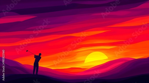 Silhouetted Golfer Amid Fiery Sunset Landscape with Dynamic Abstract Expressionist Brushstrokes