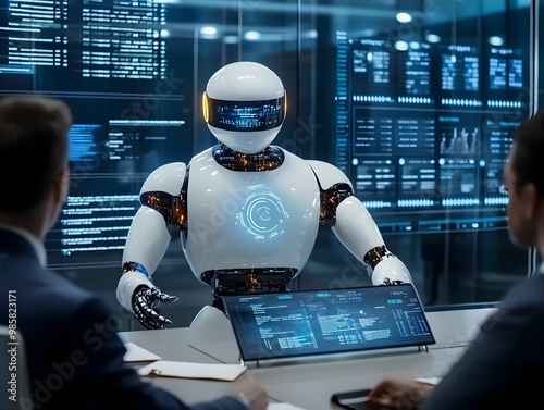 Obraz na płótnie spotkanie, biznes, robot, AI, współpraca, technologia, przyszłość, prezentacja, nowoczesność, zarząd, sala konferencyjna, inteligencja, digitalizacja, innowacje, decyzje, dyskusja, interakcja, nowocze w salonie