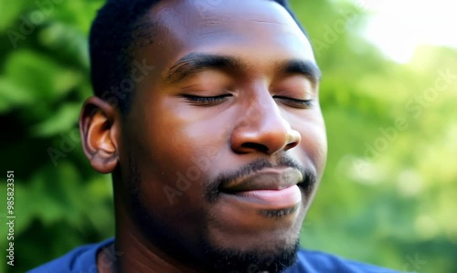 Close-Up of Angolan Man Breathing Deeply in Serene Outdoor Setting
