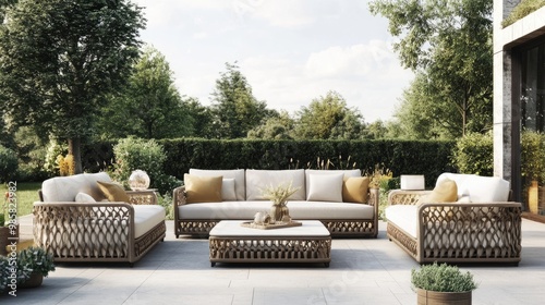 A stylish outdoor sofa set with soft cushions, perfect for lounging on a sunny day.