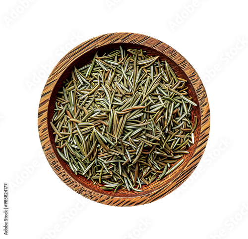 Dried rosemary fills a wooden bowl viewed from above photo