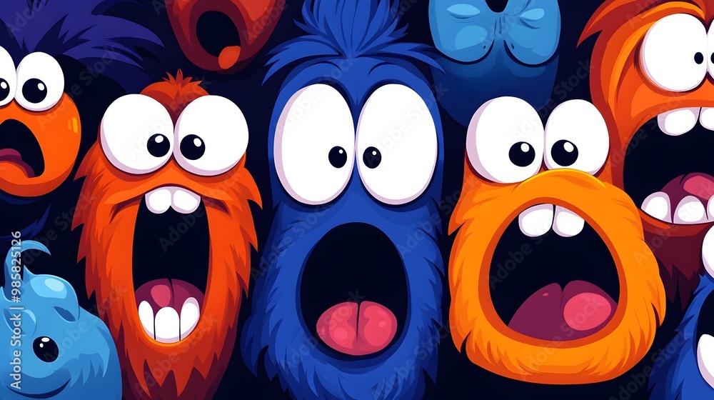 Fototapeta premium Eclectic Menagerie of Expressive Cartoon Creatures in Vibrant Digital
